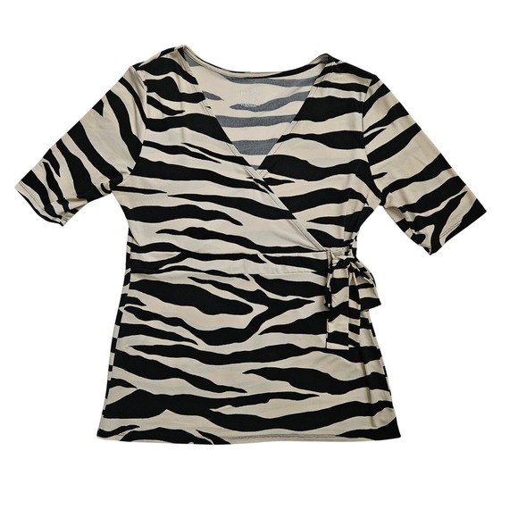 Womens Zebra Print Surplice Side Tie Blouse Tan Black Size Large Stretch - Picture 5 of 9